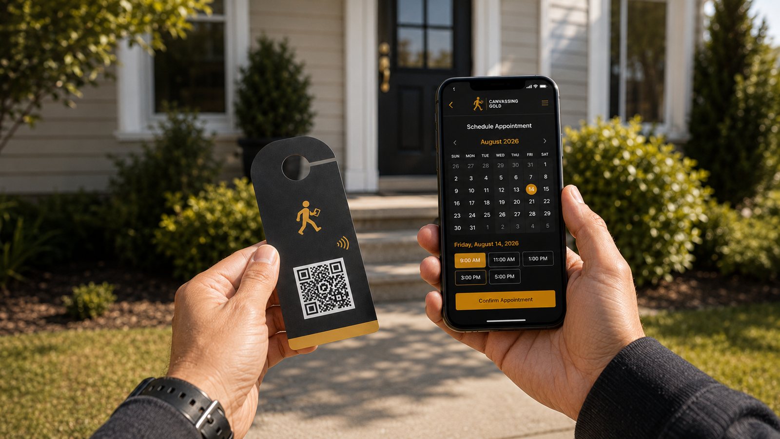 A Canvassing Gold QR and NFC door-hanger card held next to a smartphone showing the appointment booking screen
